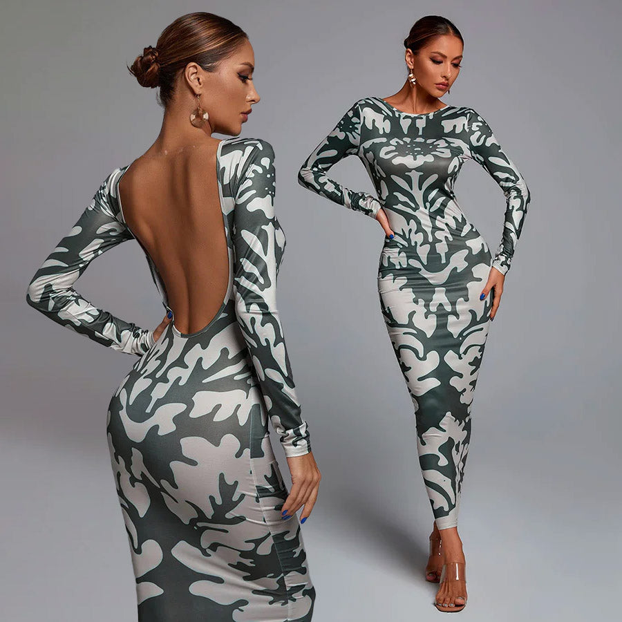 KYLIE Long Sleeve Backless GREEN PRINT Dress