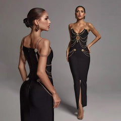 LILLY MAXI-Kleid mit GOLDKETTEN und VORDERSCHLITZ