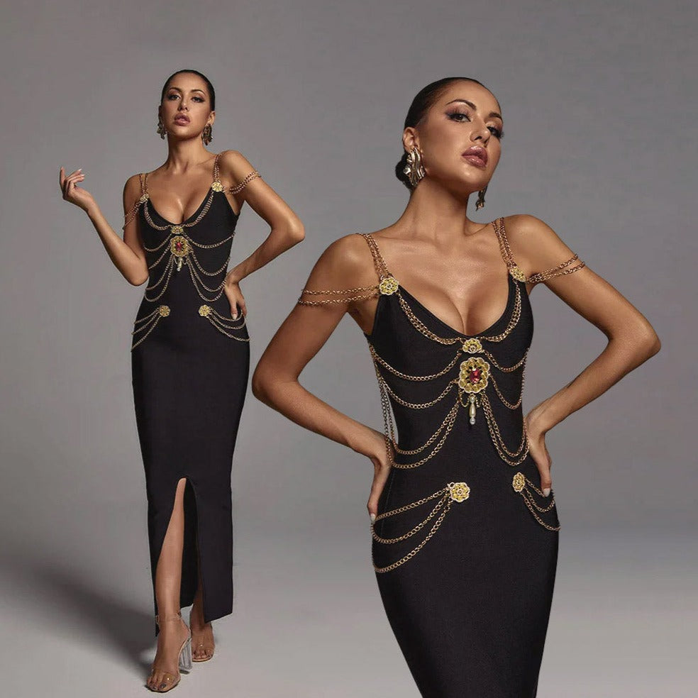 LILLY MAXI-Kleid mit GOLDKETTEN und VORDERSCHLITZ