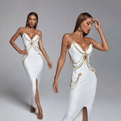 LILLY MAXI-Kleid mit GOLDKETTEN und VORDERSCHLITZ