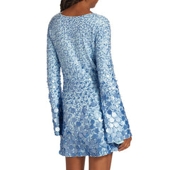 Sparkly Sequin Embellished Round Neck Flare Long Sleeve Mini Party Dress