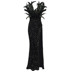 Fancy Faux Feather Trim Deep V Neck Mesh Panel Split Thigh Sequin Maxi Evening Dress