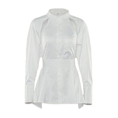 Modern Cut Out Open Back Long Sleeve Collared Button Up Belted Shirt