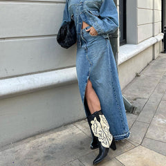 Vintage Maxi-Jeansrock mit rohem Saum und Schlitz vorne und hoher Taille in A-Linie