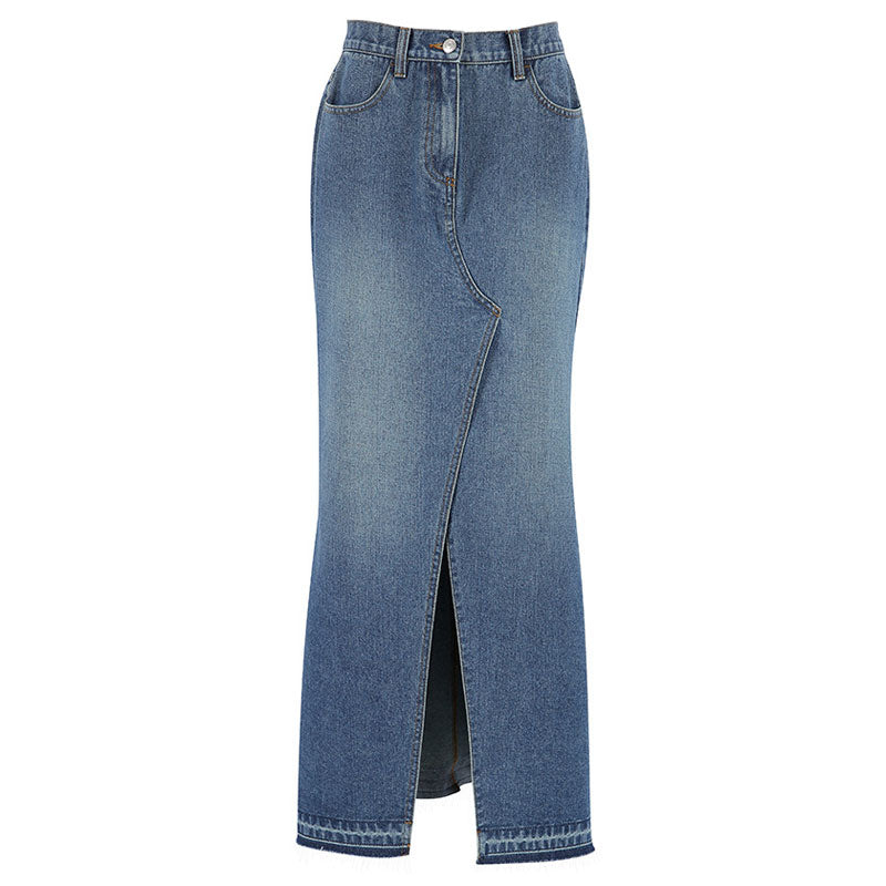 Vintage Maxi-Jeansrock mit rohem Saum und Schlitz vorne und hoher Taille in A-Linie