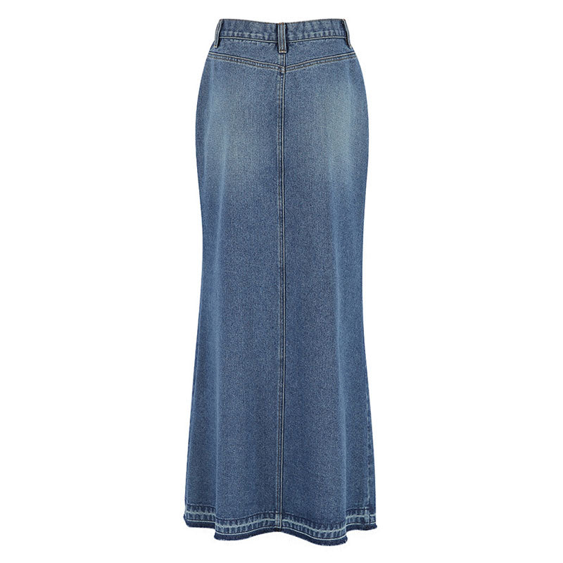 Vintage Maxi-Jeansrock mit rohem Saum und Schlitz vorne und hoher Taille in A-Linie