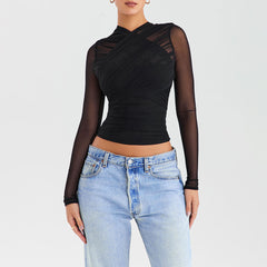 Sexy V Neck Semi Sheer Long Sleeve Ruched Cropped Layered Mesh Top