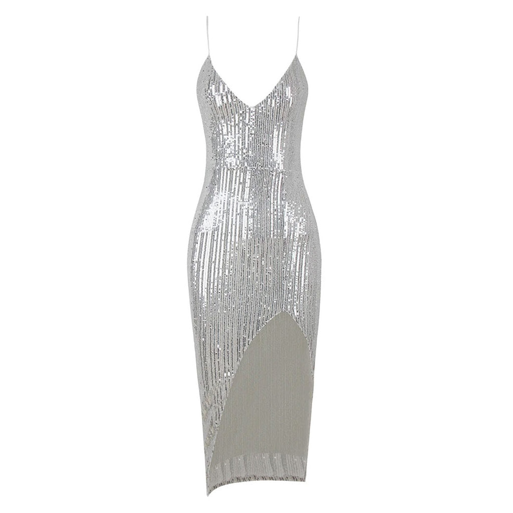 Asymmetric Spaghetti Strap Deep V Sequin Dress - Silver