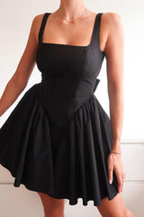 Floriane Peach Bow Mini Dress - Black