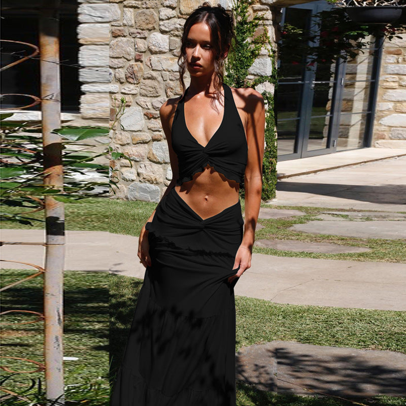 Halter Strap Twisted Maxi Skirt Set
