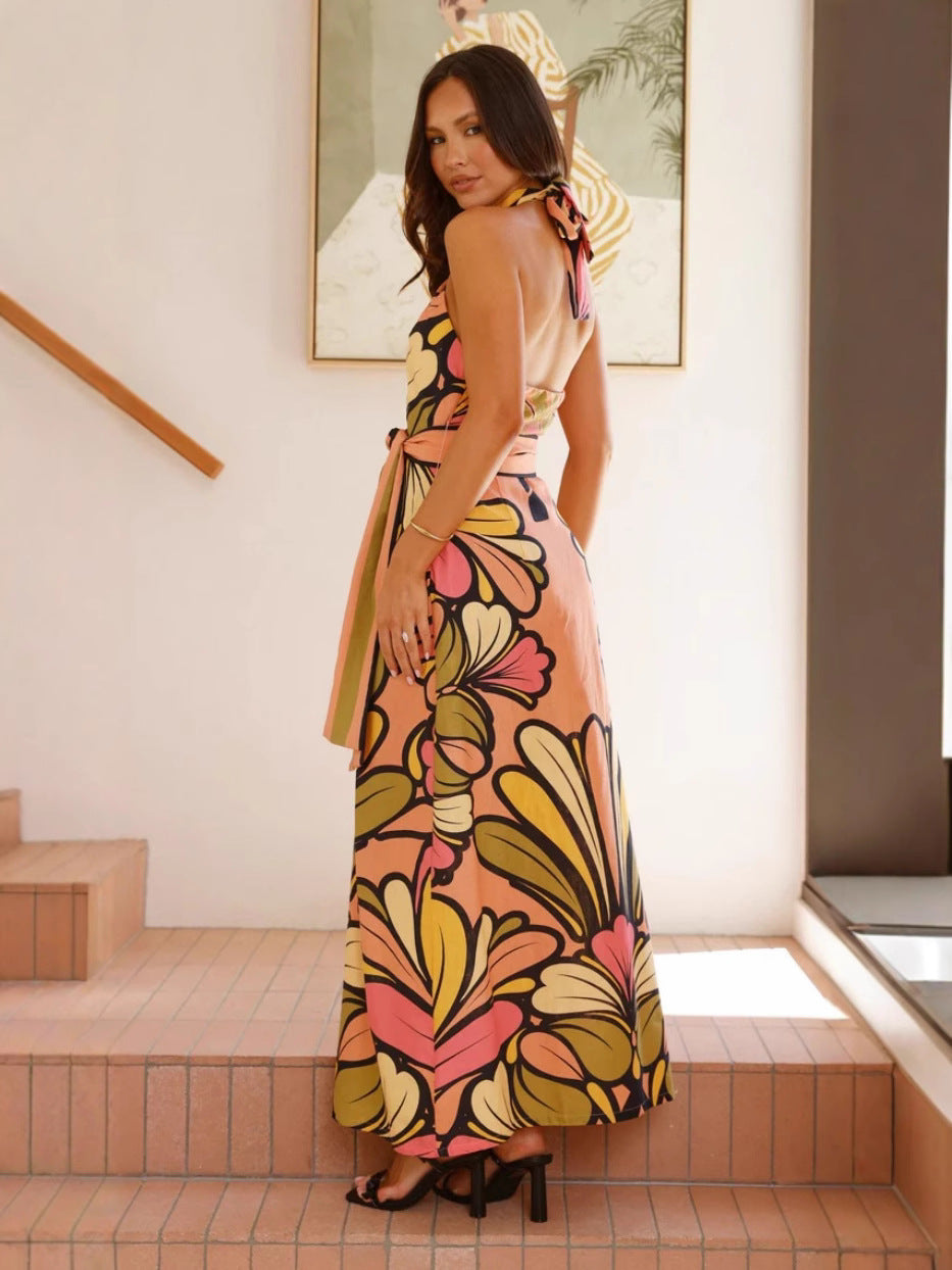 A Long Vacation Dress With A Printed Belt