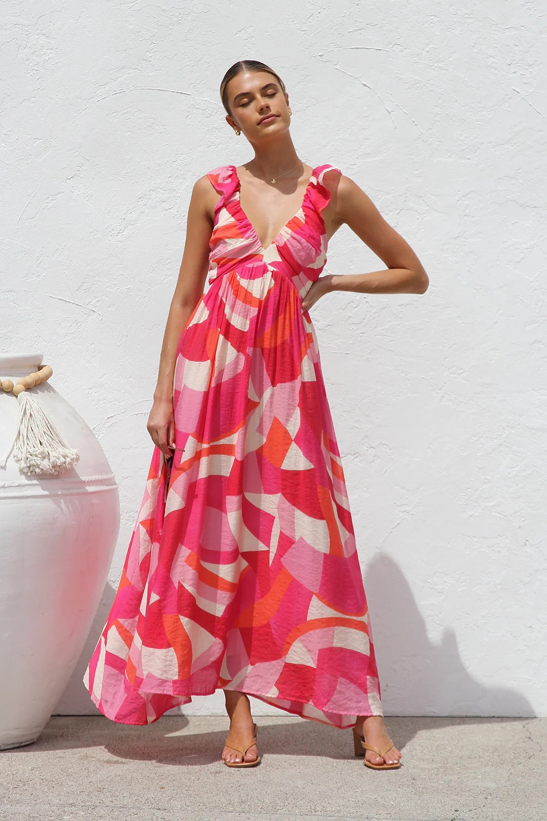 Unique Printed Ruffled Straps Pleated Back Maxi Dress