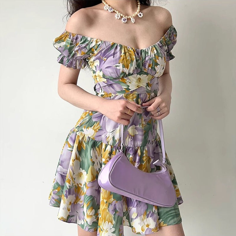 Floral Print Puff Sleeve Ruffle Short Dress