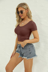 Solid Color Round Neck V Neck Two-Way Short Sleeve