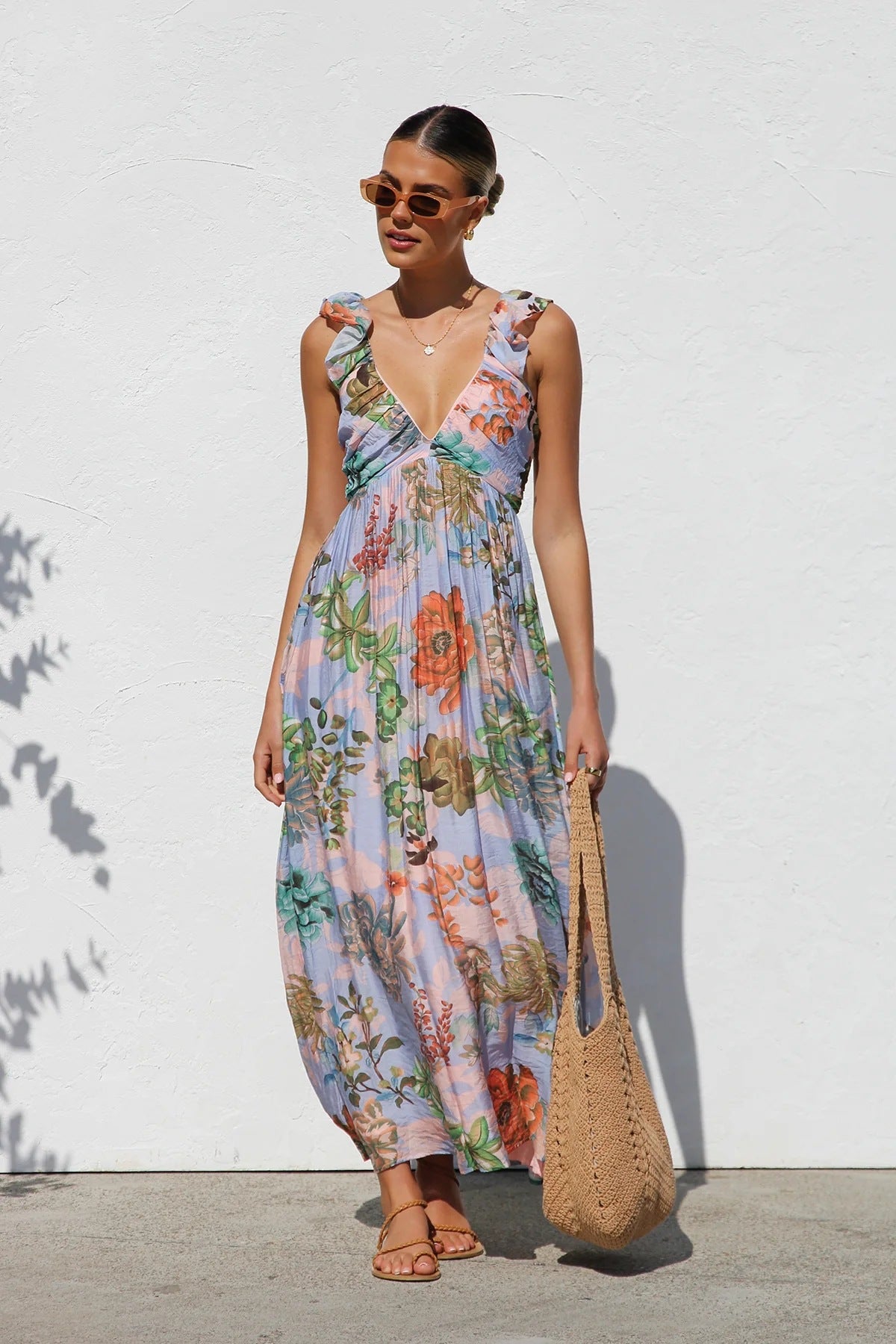 Unique Printed Ruffled Straps Pleated Back Maxi Dress