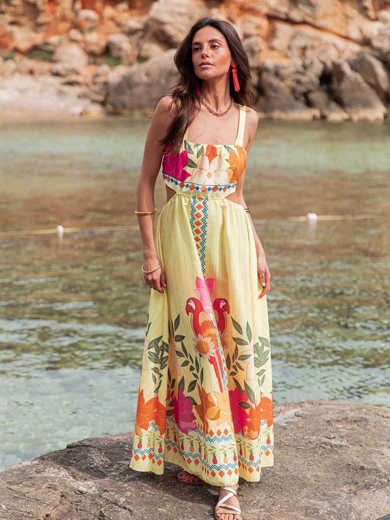Printed Waist-Baring Maxi Dress