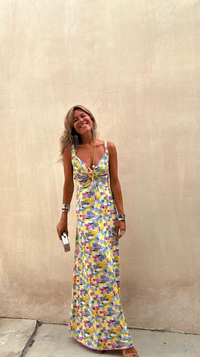 Flora Watercolor Print Crossover Neck Wide Straps Stretch Maxi Dress