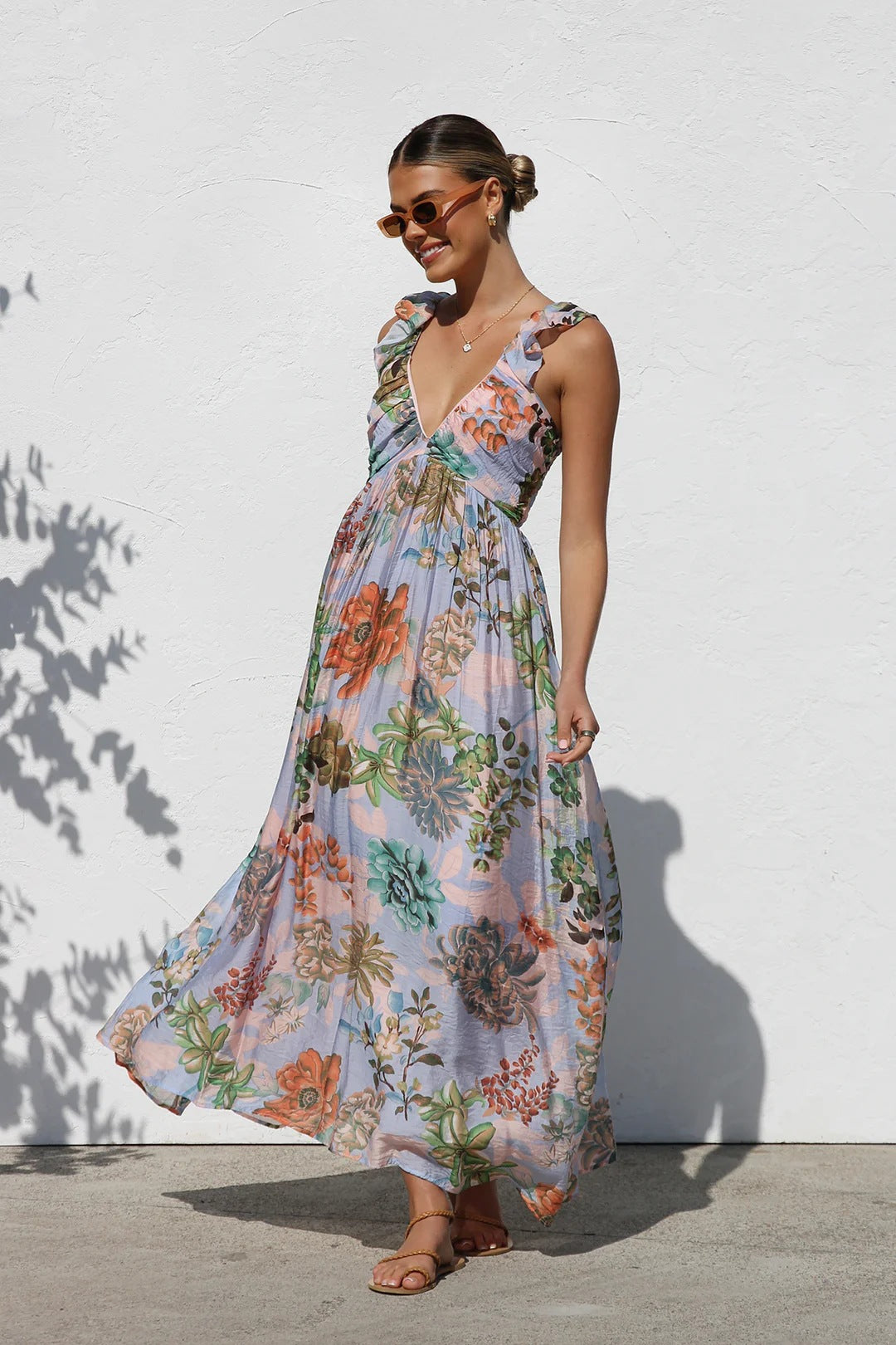 Unique Printed Ruffled Straps Pleated Back Maxi Dress