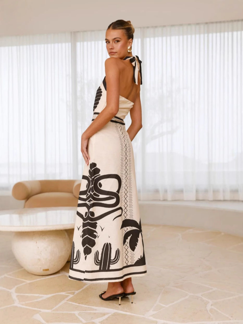 A Shell Print Off-The-Neck Cinched Waist A-Line Dress