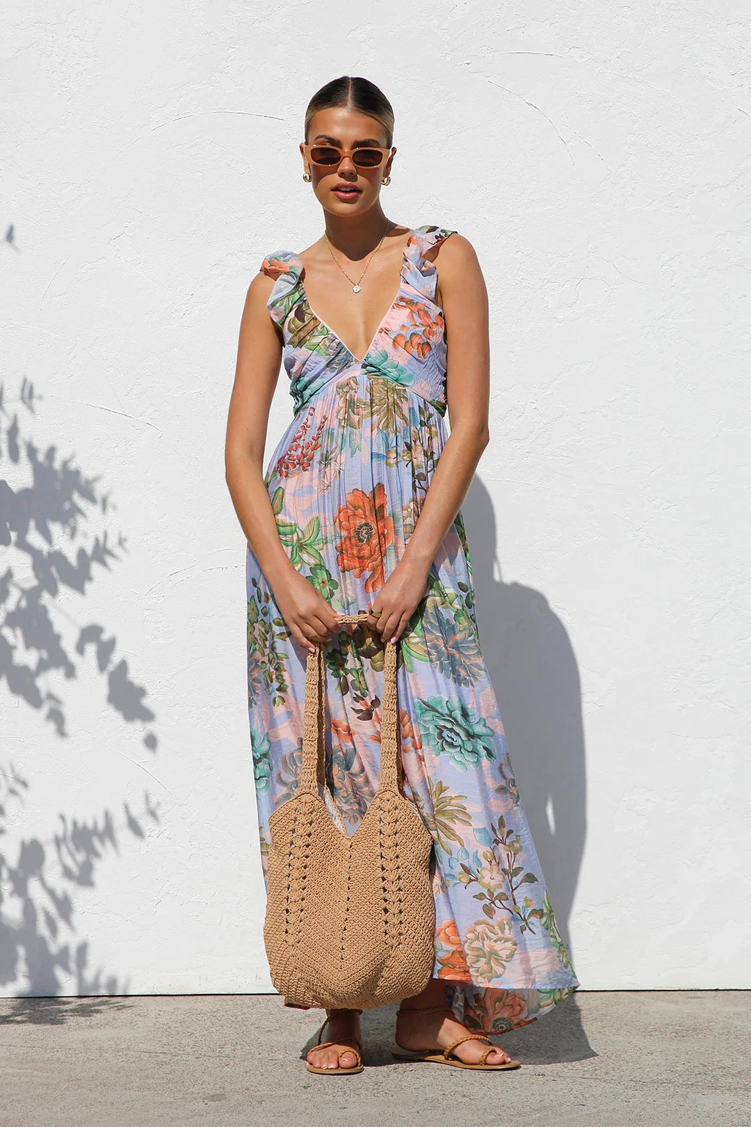 Unique Printed Ruffled Straps Pleated Back Maxi Dress