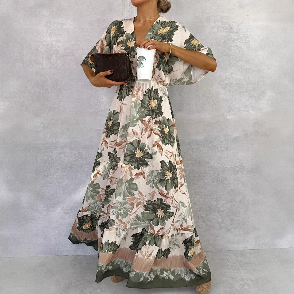 Floral  Short Sleeve Waist Loose Full Hem Maxi Dress