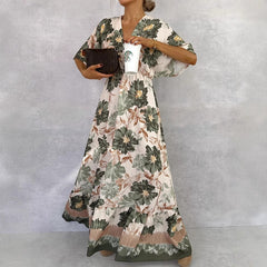 Floral  Short Sleeve Waist Loose Full Hem Maxi Dress