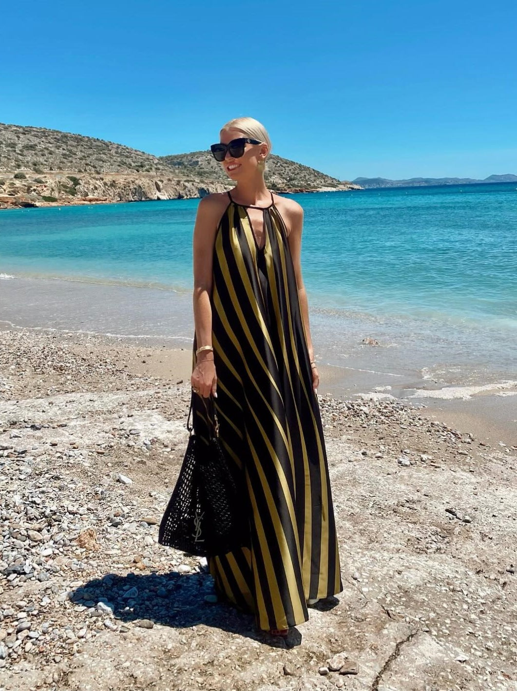 Striped Print V-Neck Lace-Up Long Dress