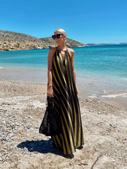 Striped Print V-Neck Lace-Up Long Dress