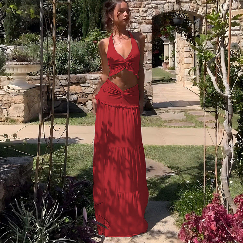 Halter Strap Twisted Maxi Skirt Set