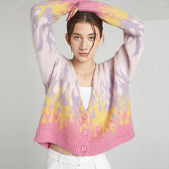 Retro Flame Print V Neck Button Up Long Sleeve Cropped Cardigan - Pink