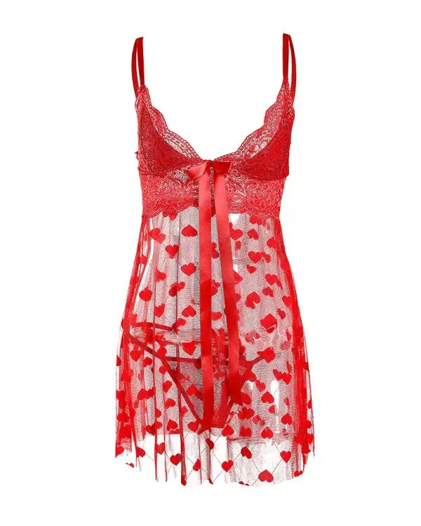 Ensemble babydoll en dentelle au crochet et imprimé en forme de cœur rouge