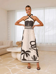 A Shell Print Off-The-Neck Cinched Waist A-Line Dress