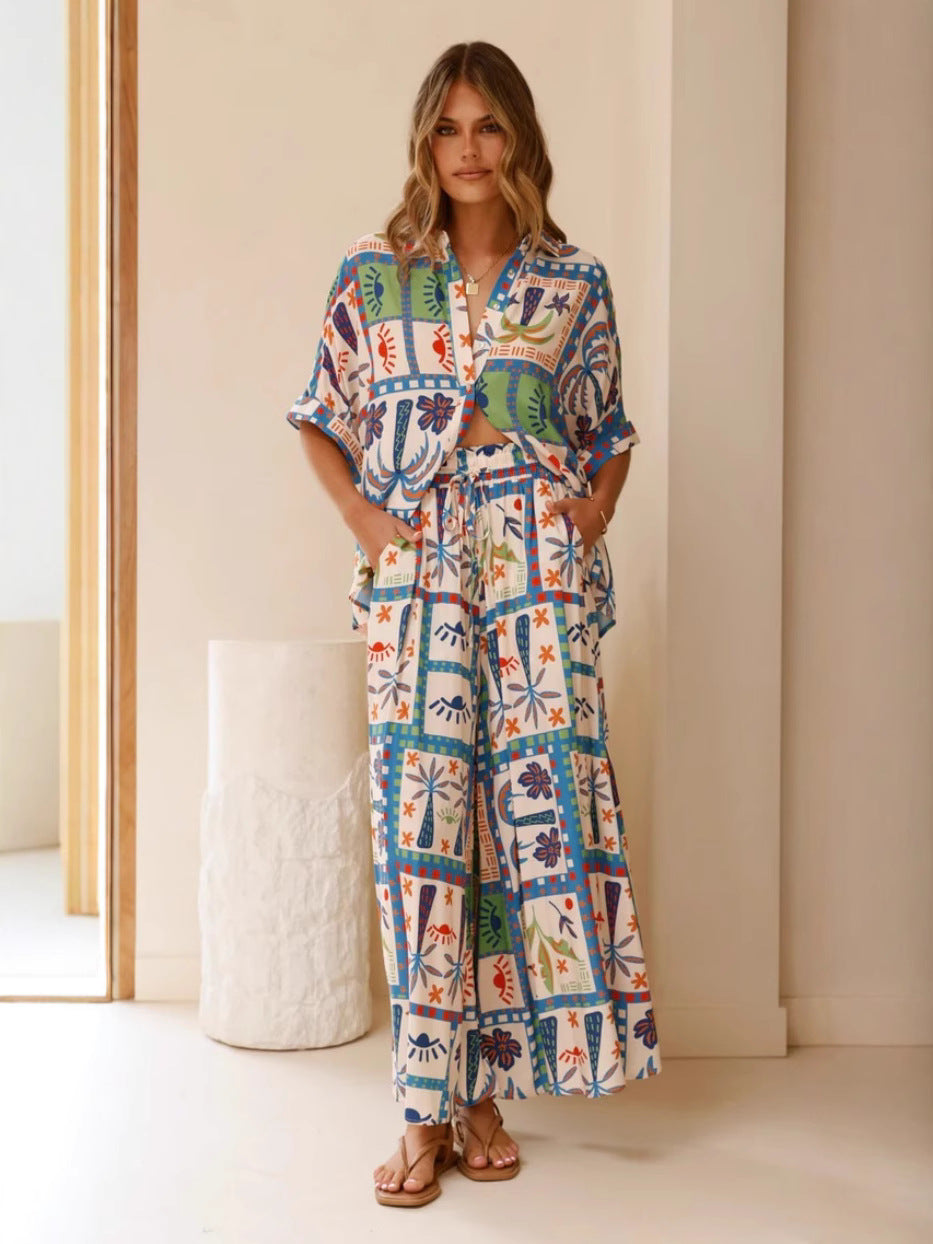Printed Short-Sleeved Shirt And Wide-Leg Pants Suit