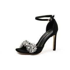 Glittering Gem Peep Toe Ankle Strap High Heel Sandals - Black