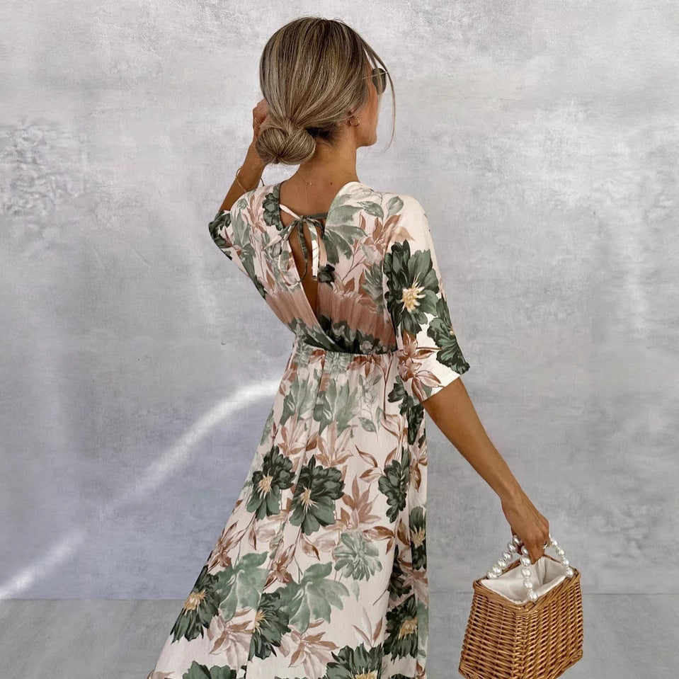 Floral  Short Sleeve Waist Loose Full Hem Maxi Dress