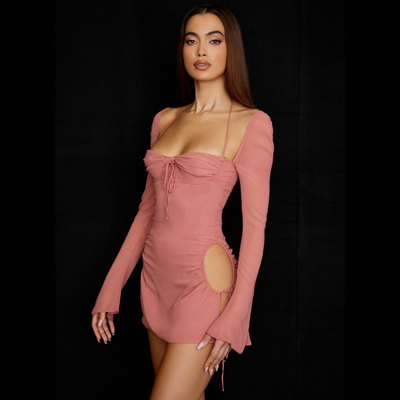 Halter Tie Strap Ruched Cut Out Club Mini Dress - Light Pink