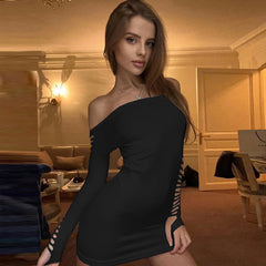 Slashed Ladder Cut Out Crew Neck Long Sleeve Bodycon Mini Dress - Black