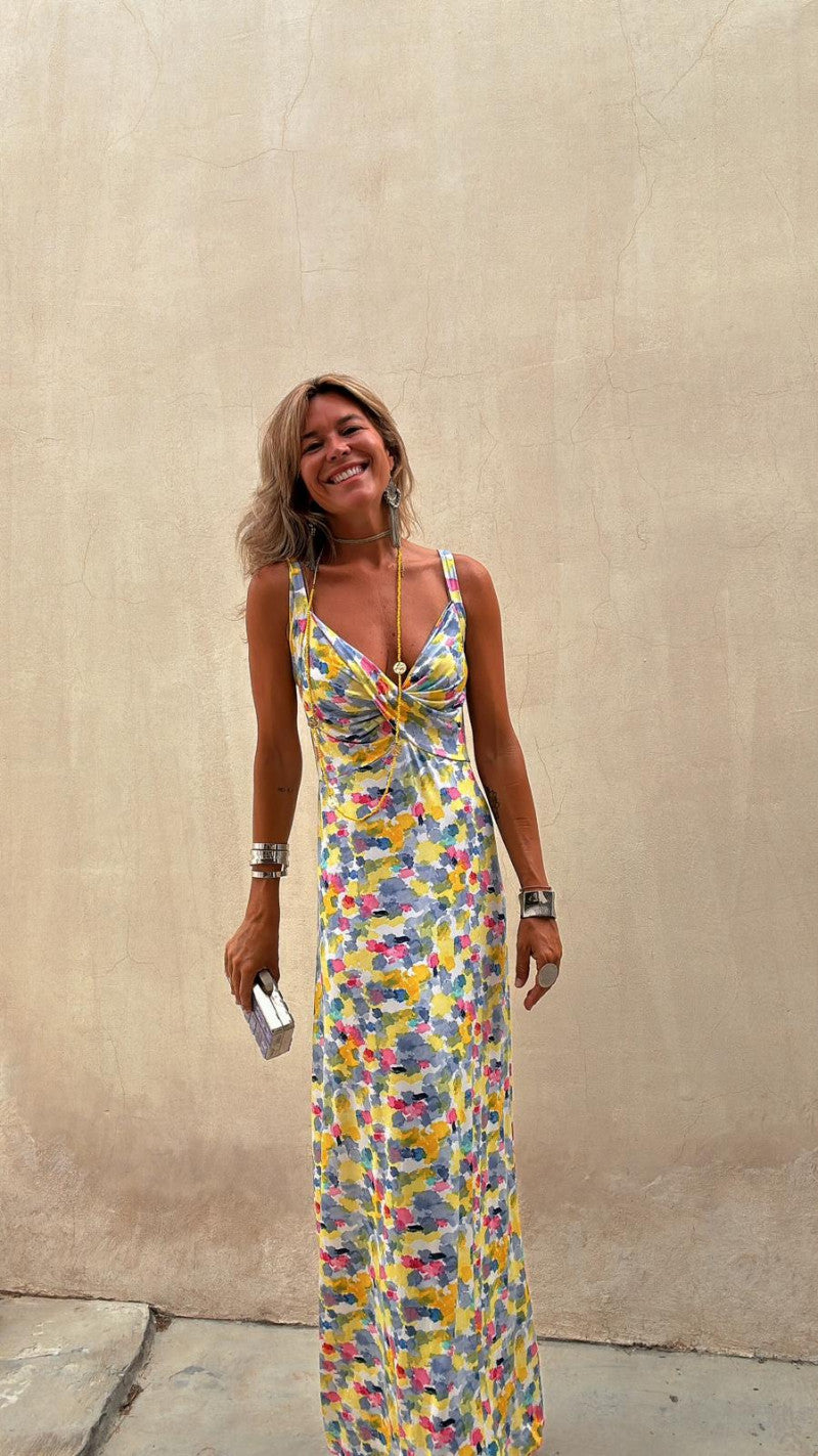 Flora Watercolor Print Crossover Neck Wide Straps Stretch Maxi Dress