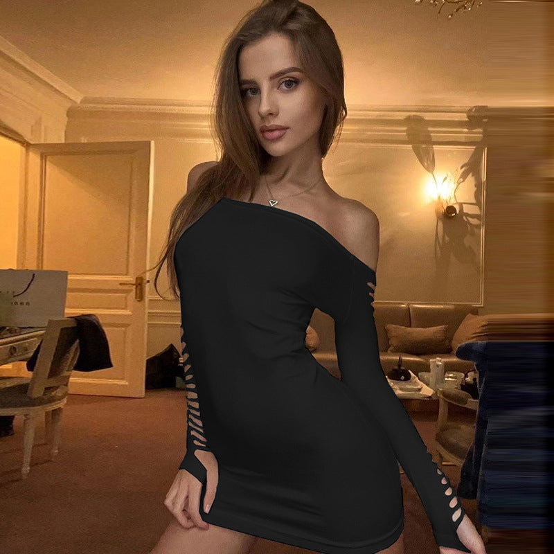 Slashed Ladder Cut Out Crew Neck Long Sleeve Bodycon Mini Dress - Black