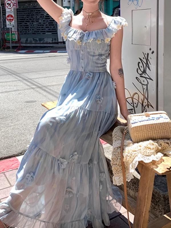 Blue Chiffon Printed Small Flying Sleeve Dress