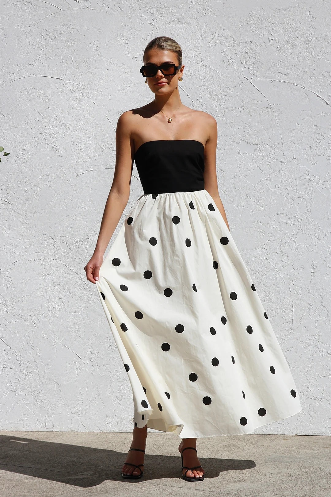 Polka Dot Print Paneled Maxi Dress