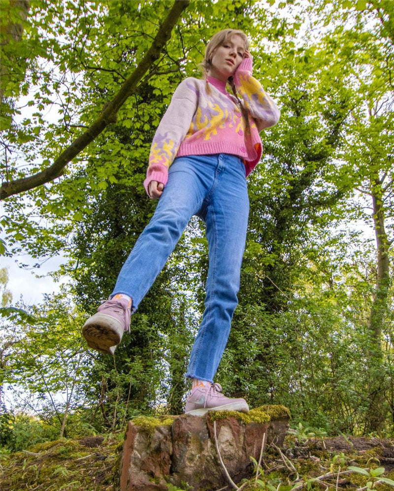 Retro Flammendruck V-Ausschnitt Knopfleiste Langarm Kurz Strickjacke - Rosa