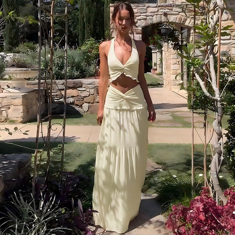 Halter Strap Twisted Maxi Skirt Set