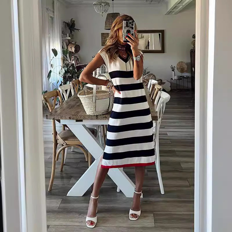 Striped V-Neck Slit Hem Casual Loose Dress