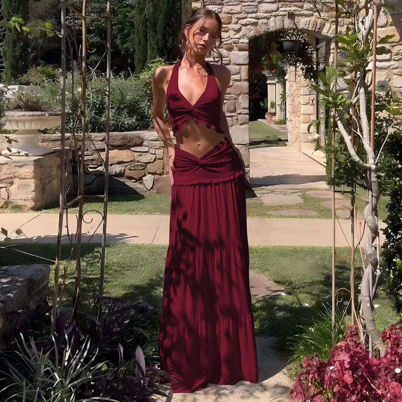 Halter Strap Twisted Maxi Skirt Set