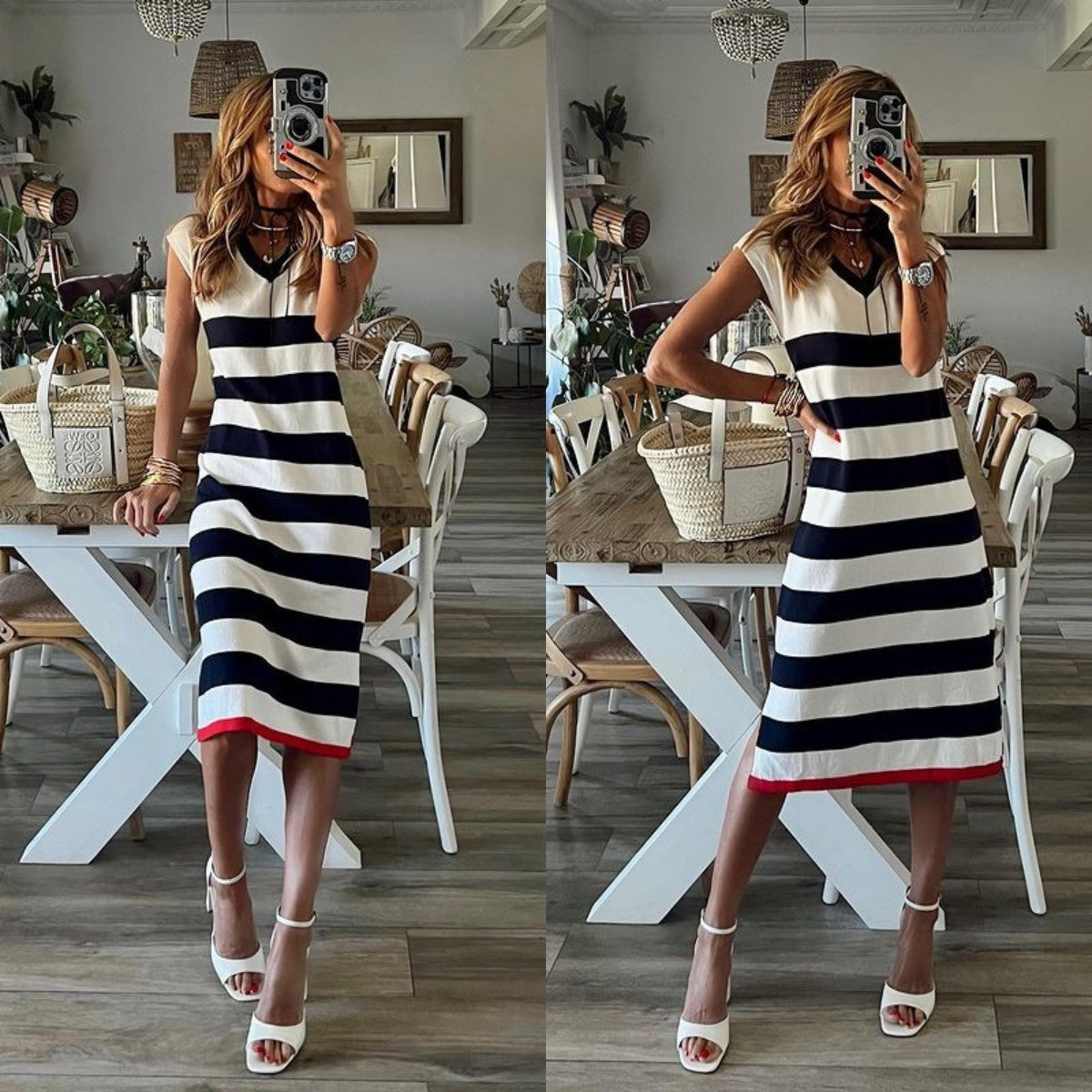 Striped V-Neck Slit Hem Casual Loose Dress