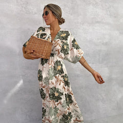 Floral  Short Sleeve Waist Loose Full Hem Maxi Dress