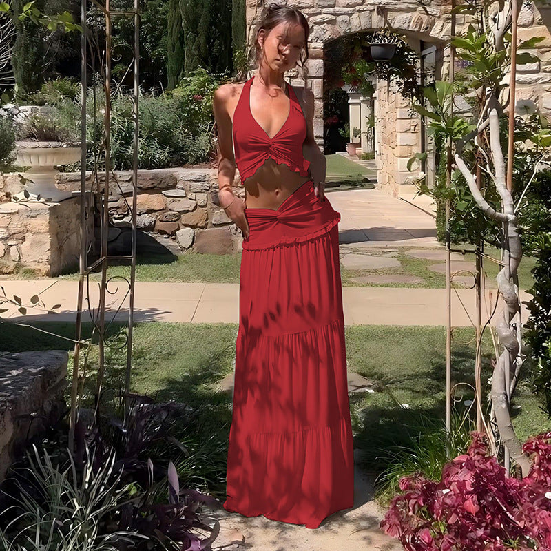 Halter Strap Twisted Maxi Skirt Set