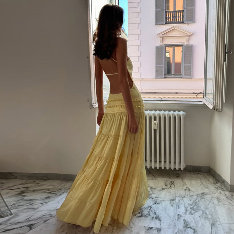 Hollow Back Tie Multi-Layered Maxi Dress