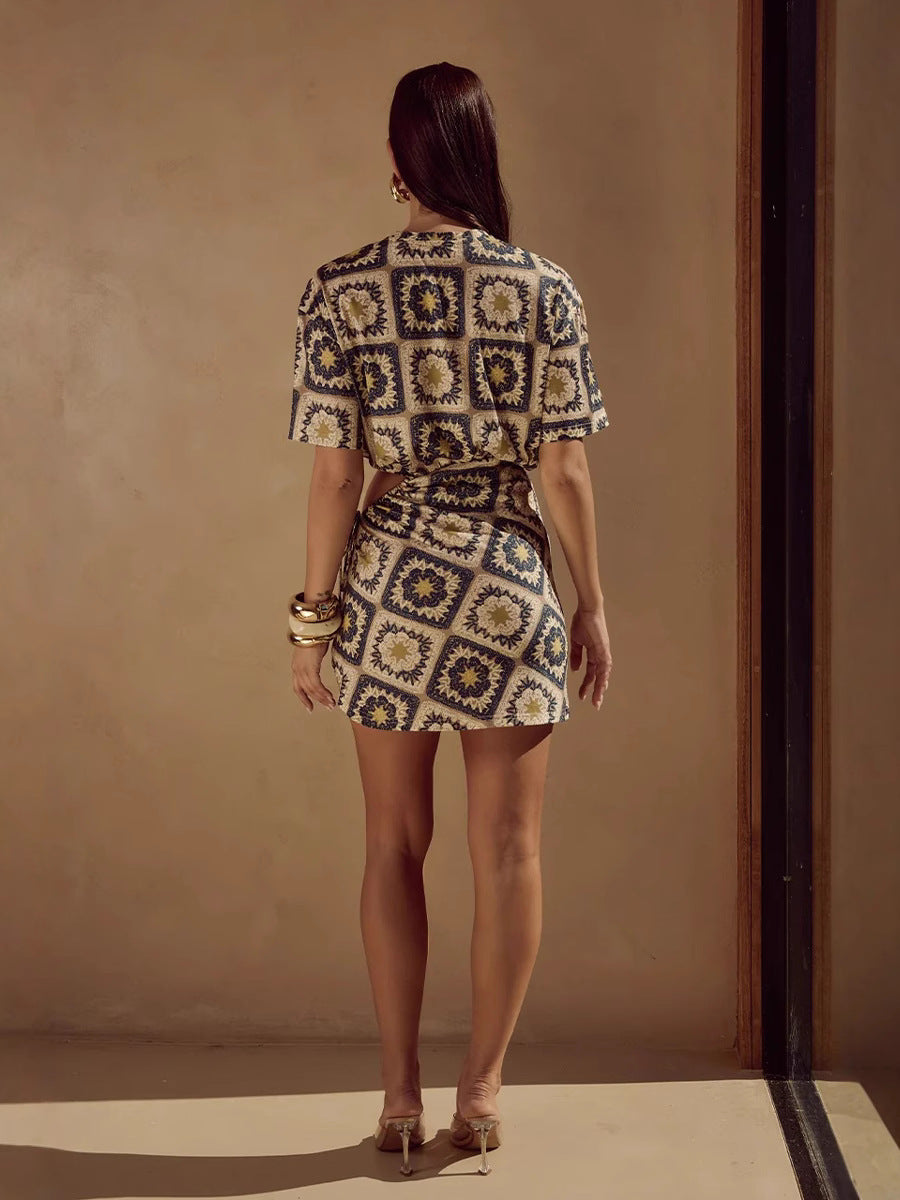 Printed Drawstring Waist Mini Dress